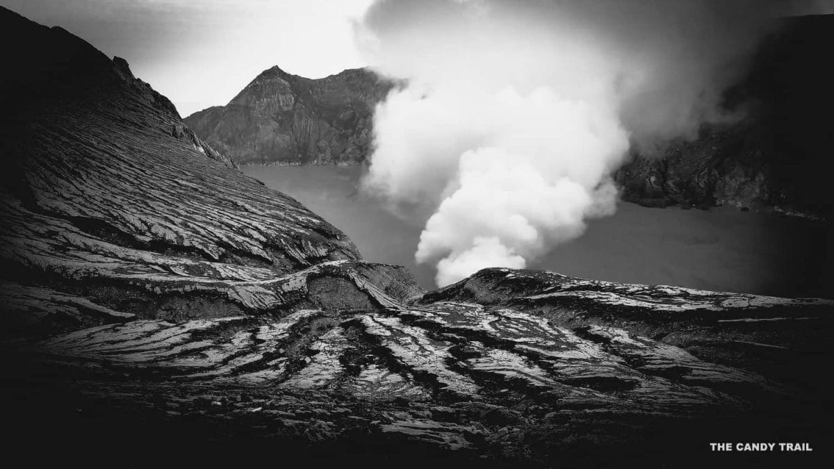 gas cloud kawah ijen volcano crater indonesia black and white photograph