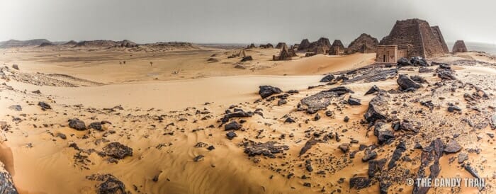 panorama of sudan pyramids and sand dunes at meroe