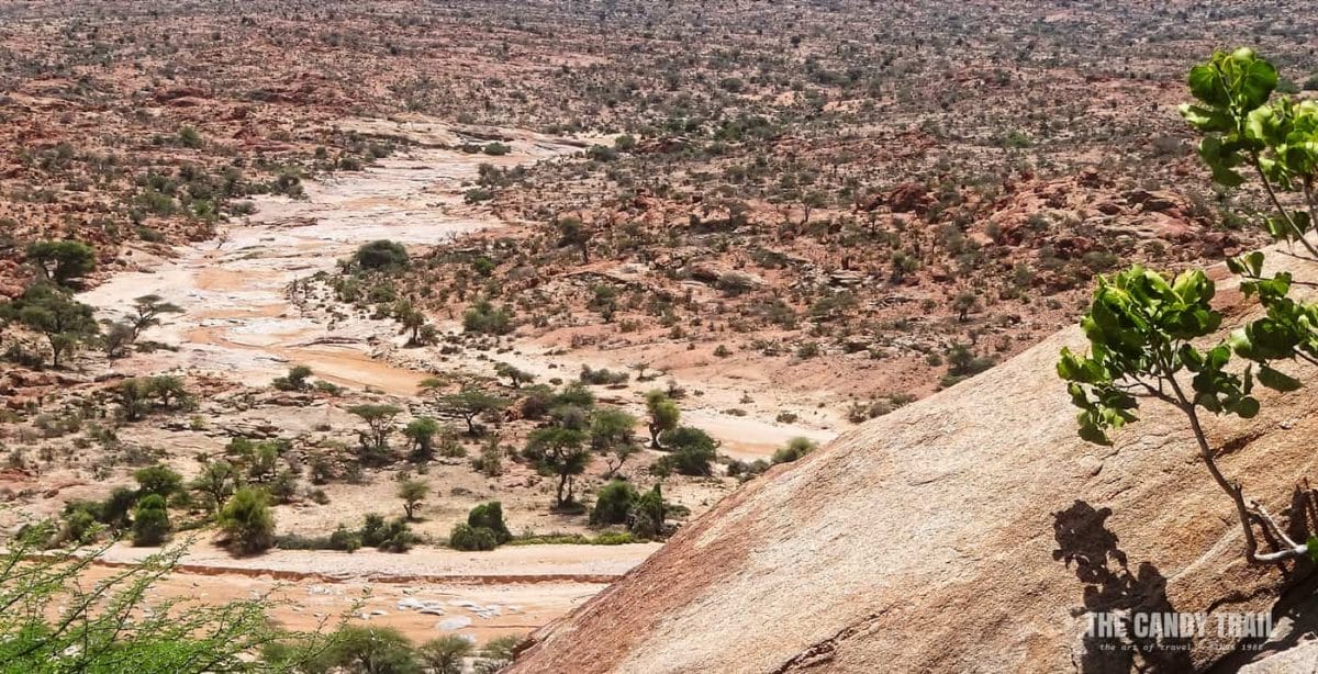 dry landscape at wadis laas geel cave paintings in somaliland
