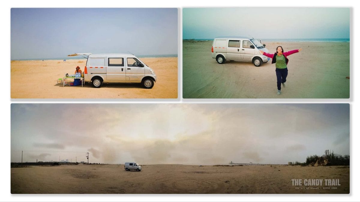 Van parked on a deserted beach in China.