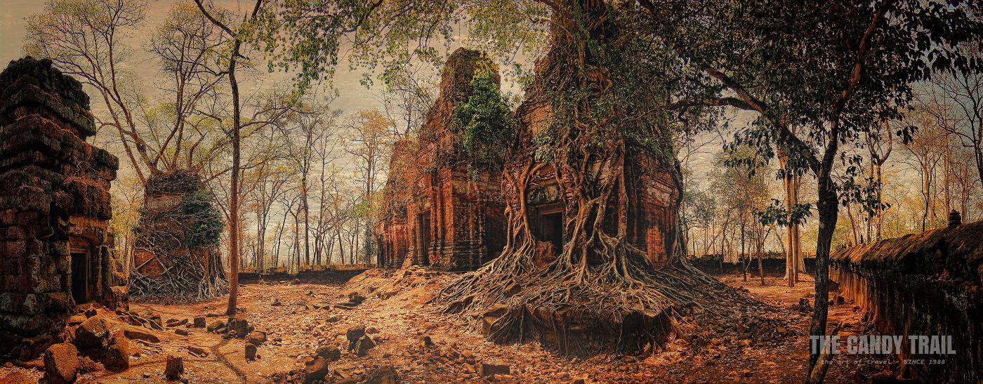Panorama Photo Prasat Bram Temple Ruins Strangler Fig Trees Koh Ker Cambodia