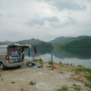 Van Camping On Island Yalu River China North Korea Border