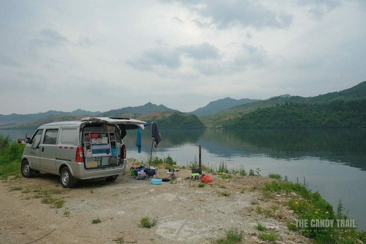 Van Camping On Island Yalu River China North Korea Border