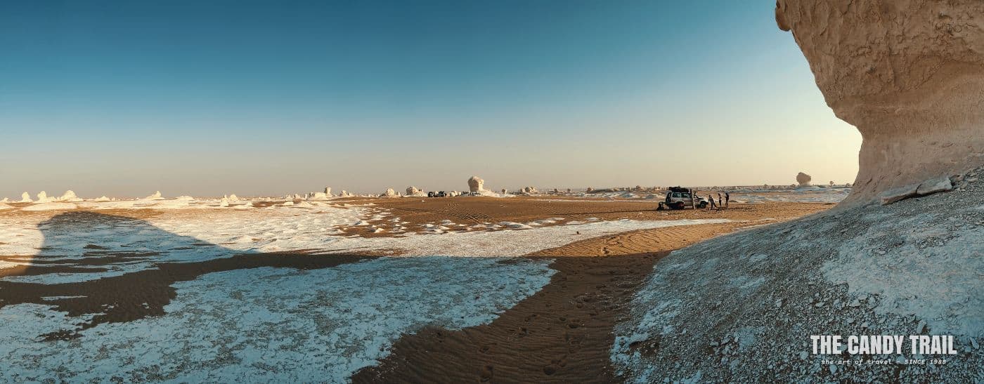 panorama of white desert tour 4WD amid formations in western egypt