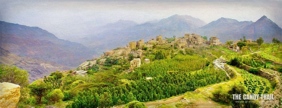 village on route from manakah hiking haraz mountains panorama yemen