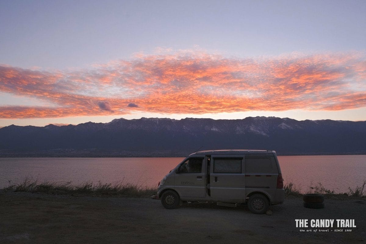 sunset van camping at lake erhai yunnan china
