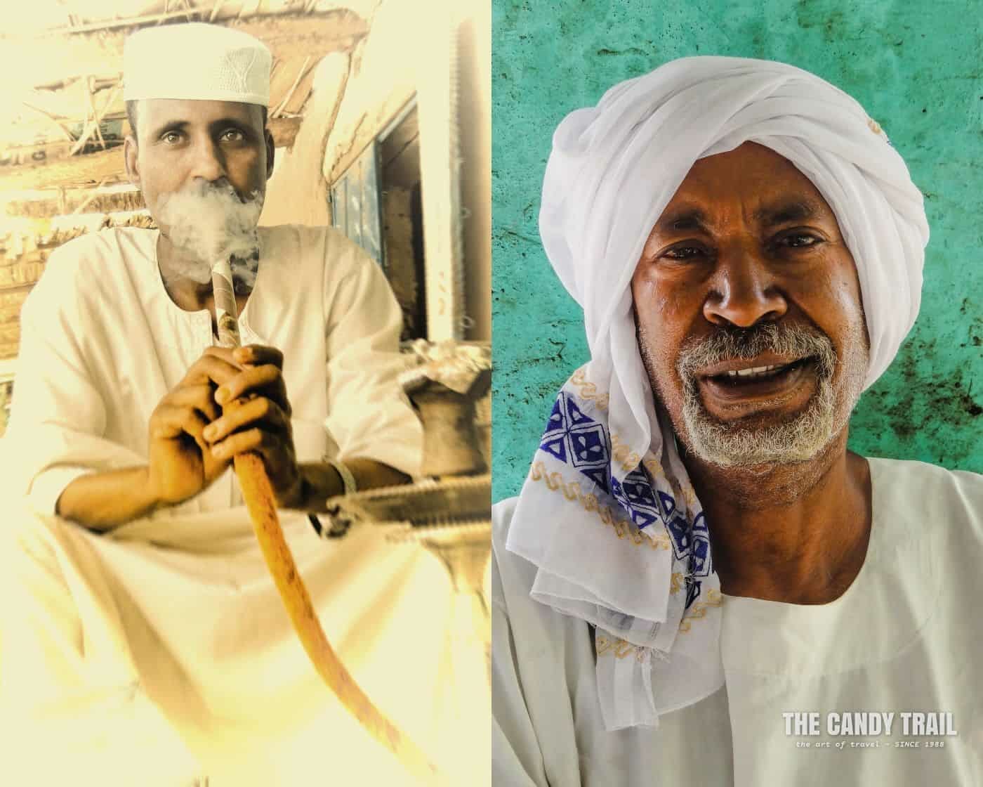 traditionally clothed sudanese men. one smoking shesha pipe sudan