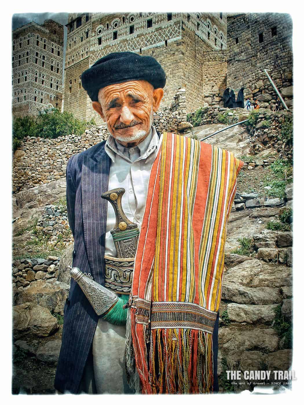 Old man in traditional clothes at Harjjarah village in Haraz Mountains 
 of Yemen