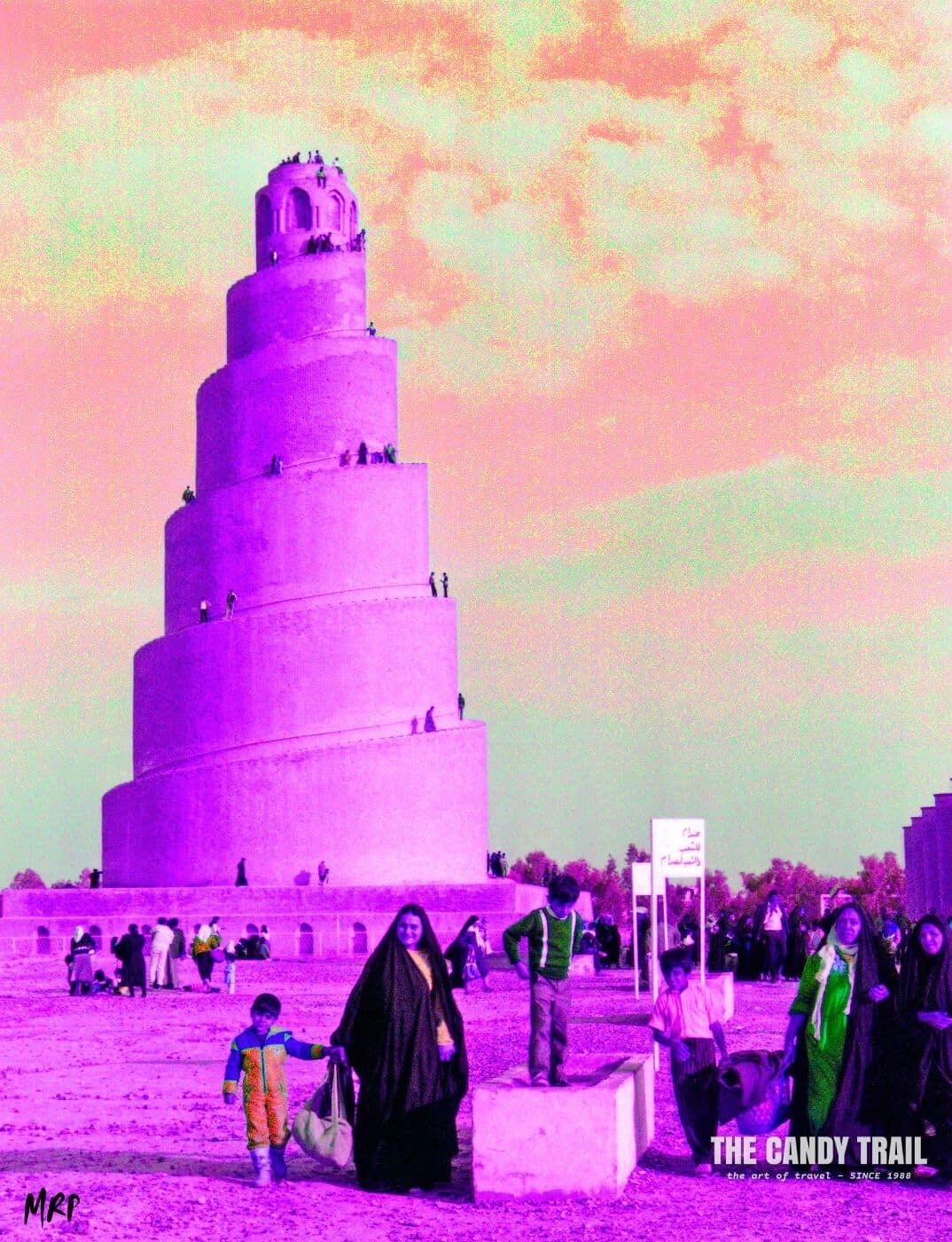 Families at ancient Samarra minaret in Iraq, 1989.