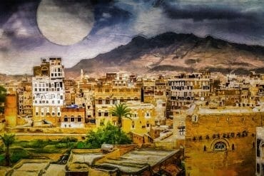 full moon rising sanaa yemen art panorama by Michael Robert Powell