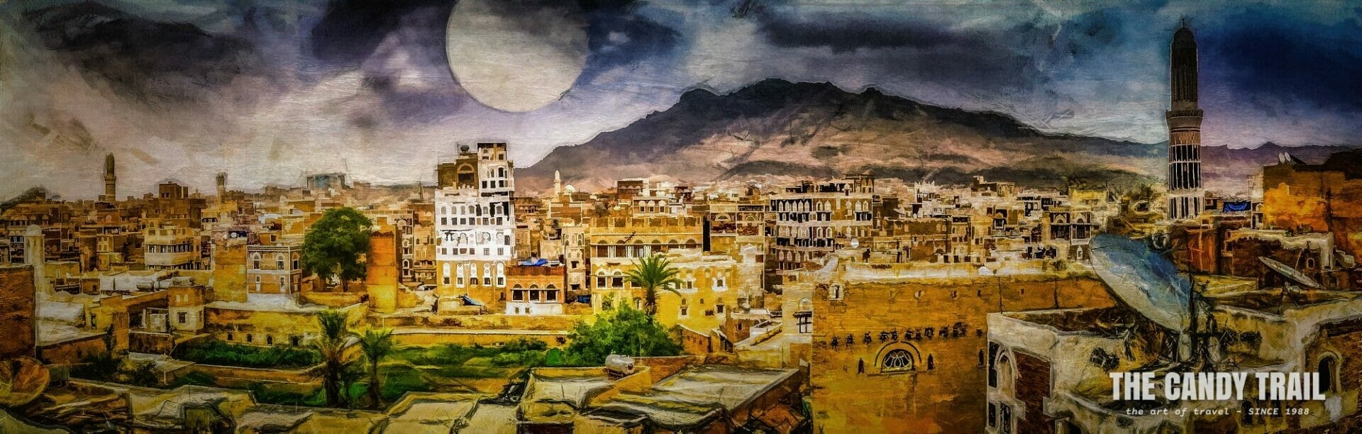 full moon rising sanaa yemen art panorama by Michael Robert Powell