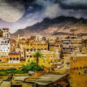 full moon rising sanaa yemen art panorama by Michael Robert Powell
