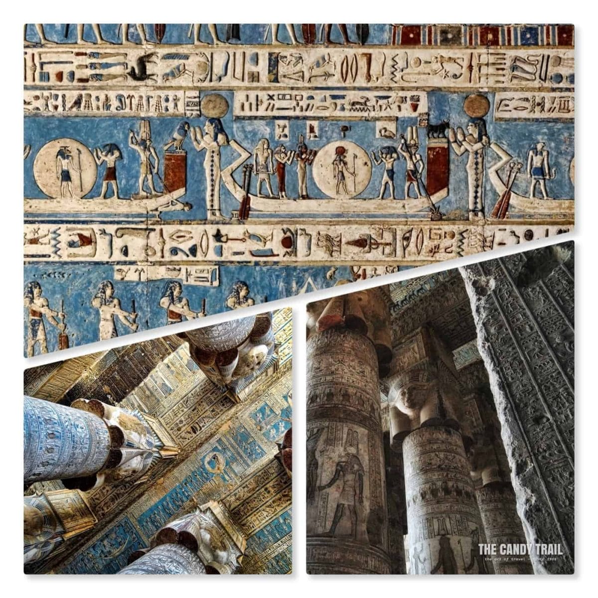 pillars and painted reliefs of hathor temple in dendera egypt
