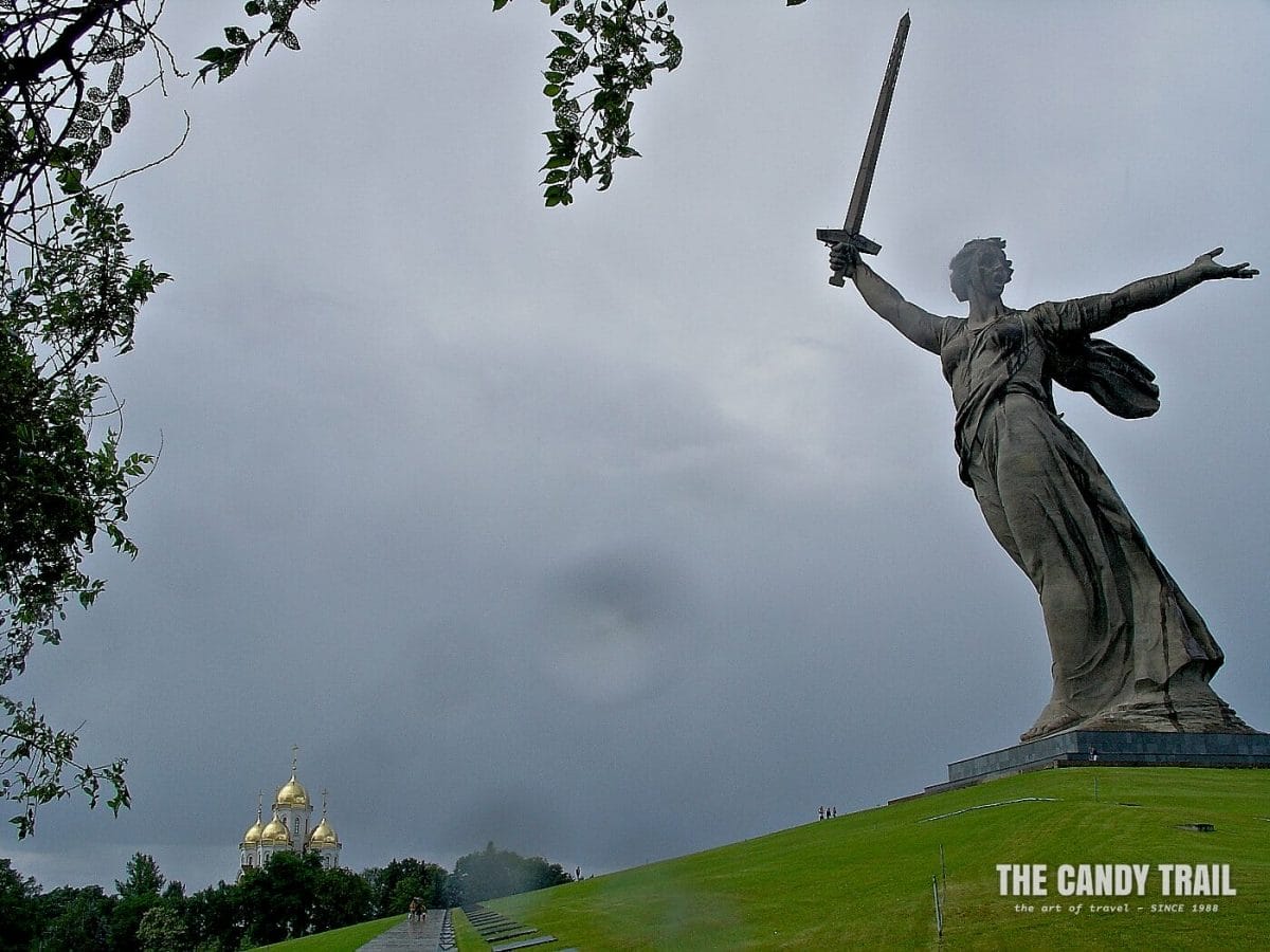 massive mother russia war memorial statue in summer rain