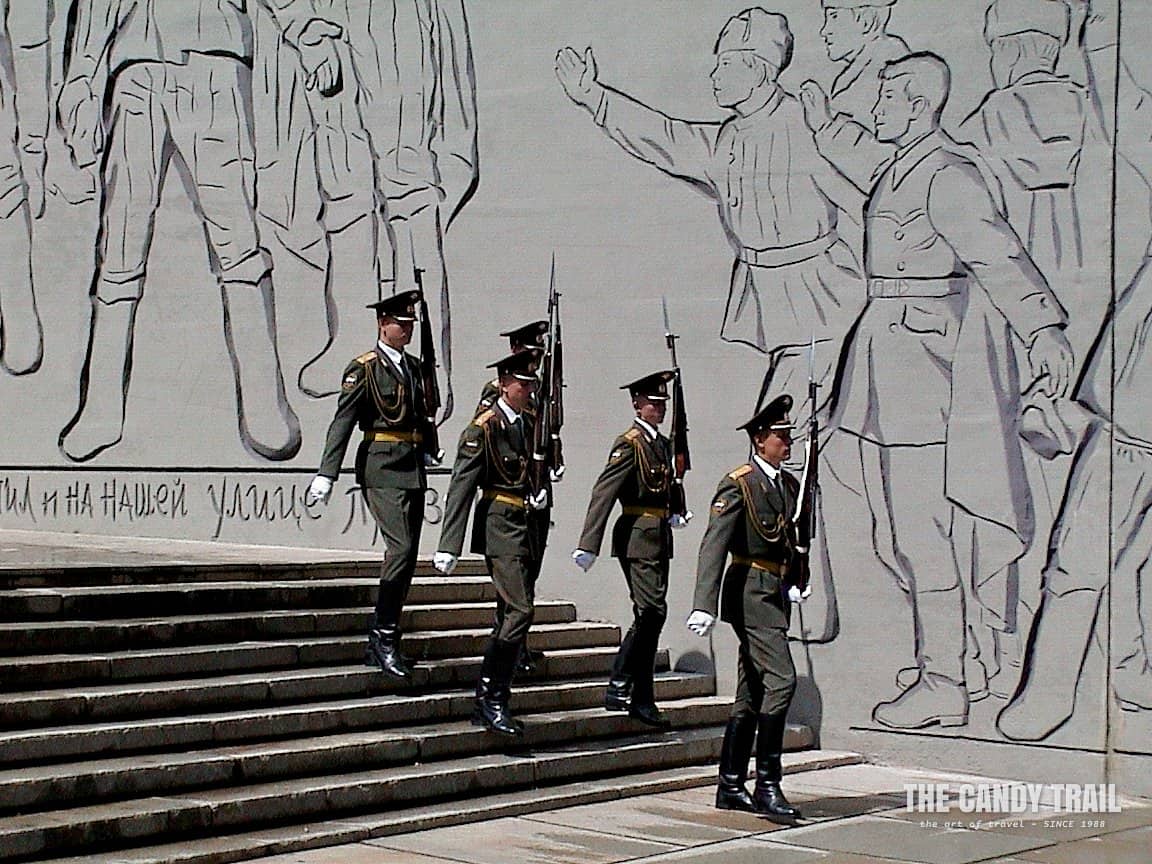 Russian soldiers marching to tomb for a changing of the guard at Stalingrad War memorial