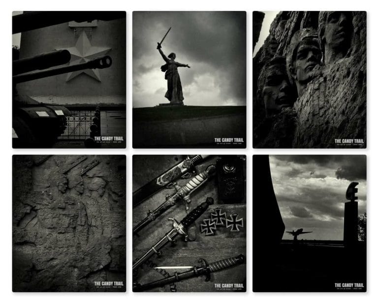 Various war memorials and reminders around Stalingrad battle site and museum