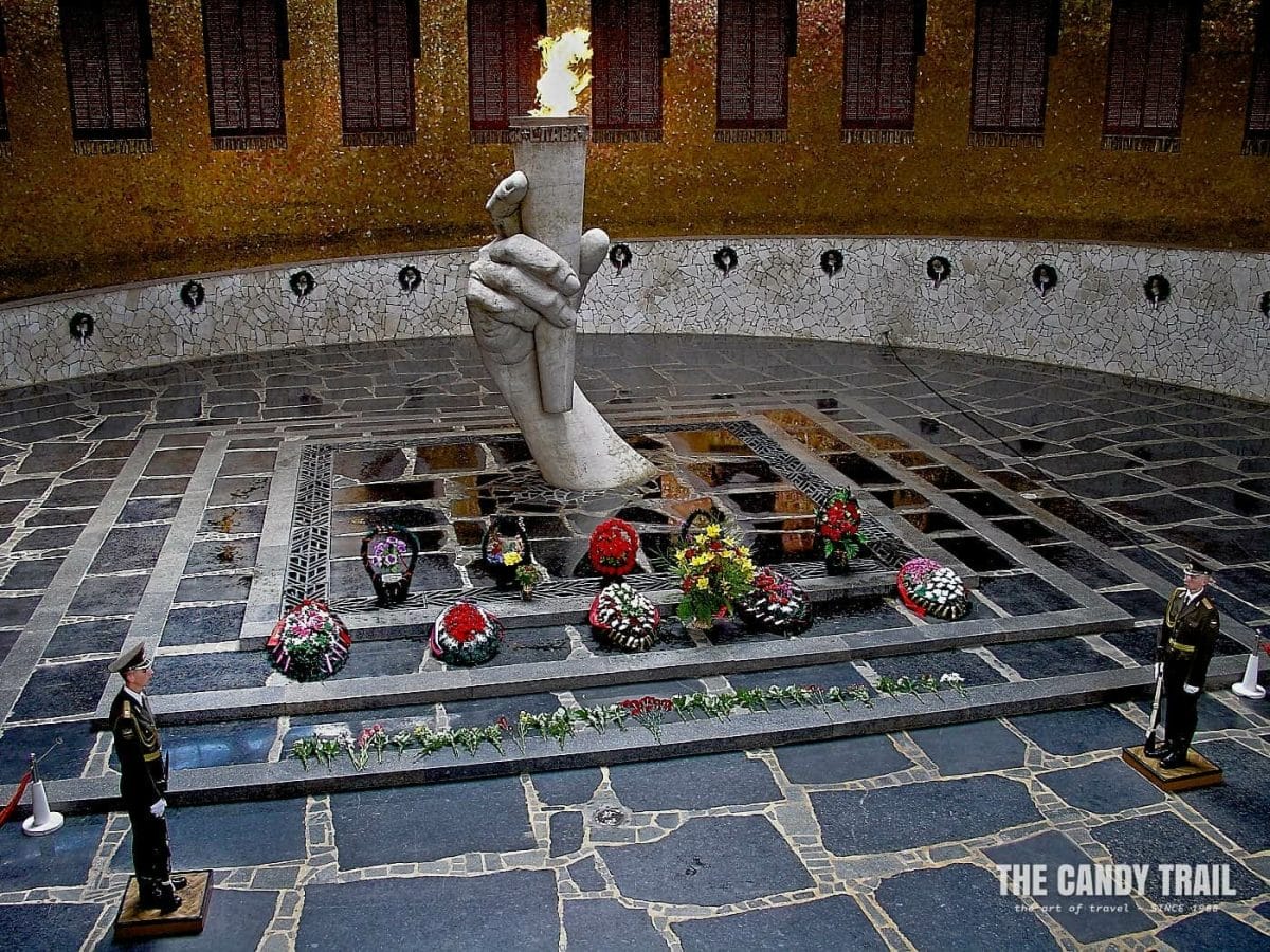 Soldiers in tomb of unknown soldier at Hill 101 in Battle of Stalingrad statue park.