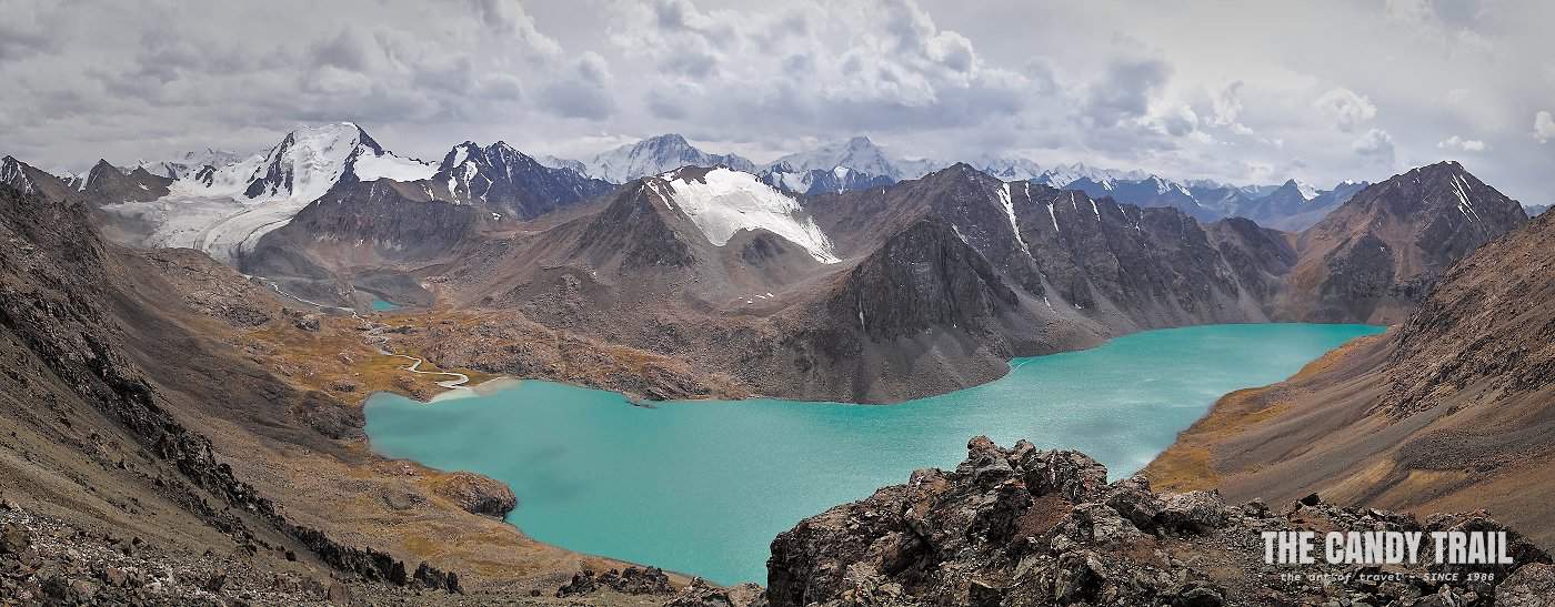 Panorama view of Ala Kul lake from the high pass