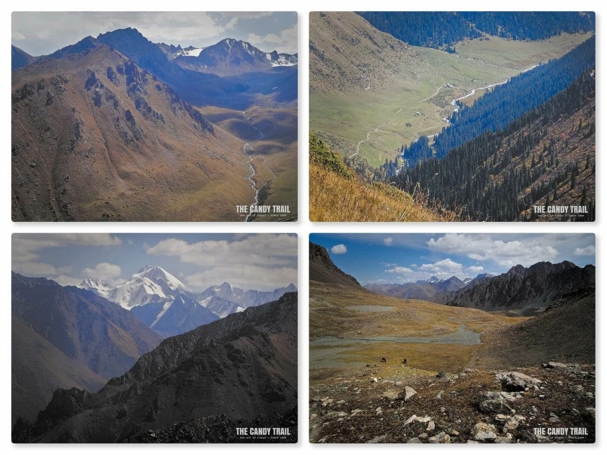 views of mountains on horse trek to ala kul lake in Kyrgyzstan