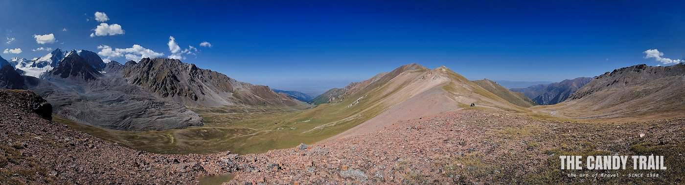 Kyrgyzstan panorama of mountains on ala kul trek by horse