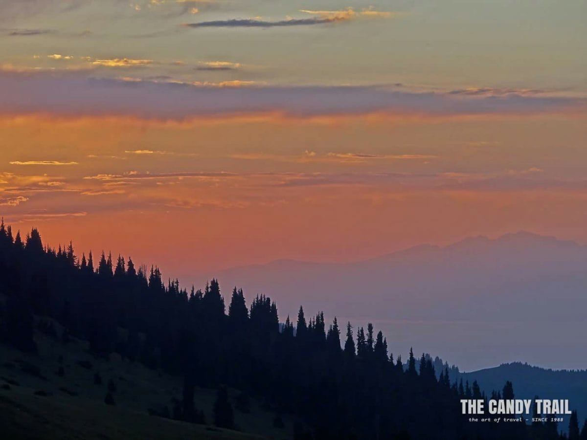 Sunset looking to Lake Issyk Kul on route to ala kul