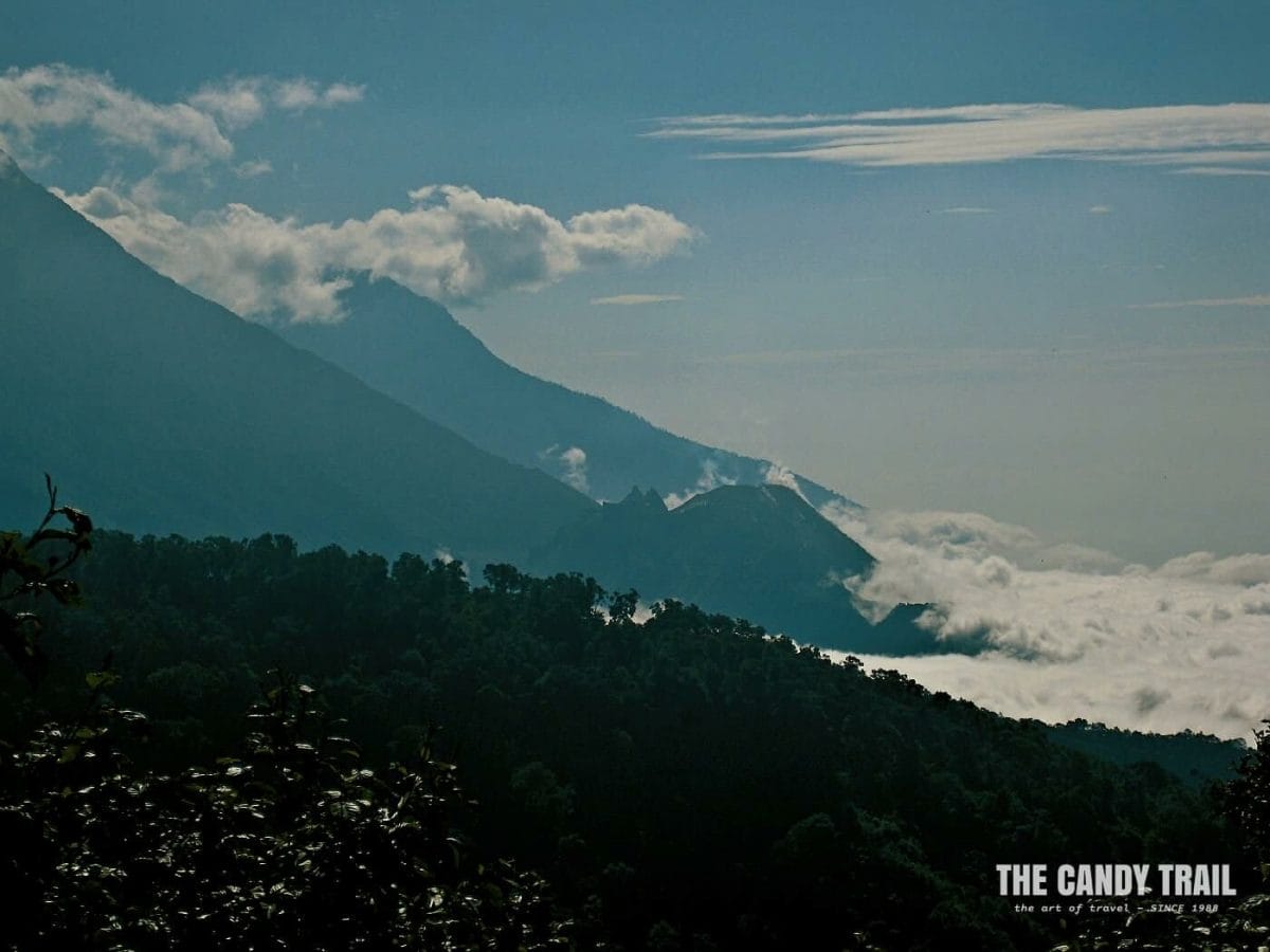volcano view from chicabal lake - guatemala Hiking views of the morning vista of nearby volcanoes in Guatemala on roue to Laguna Chicabal