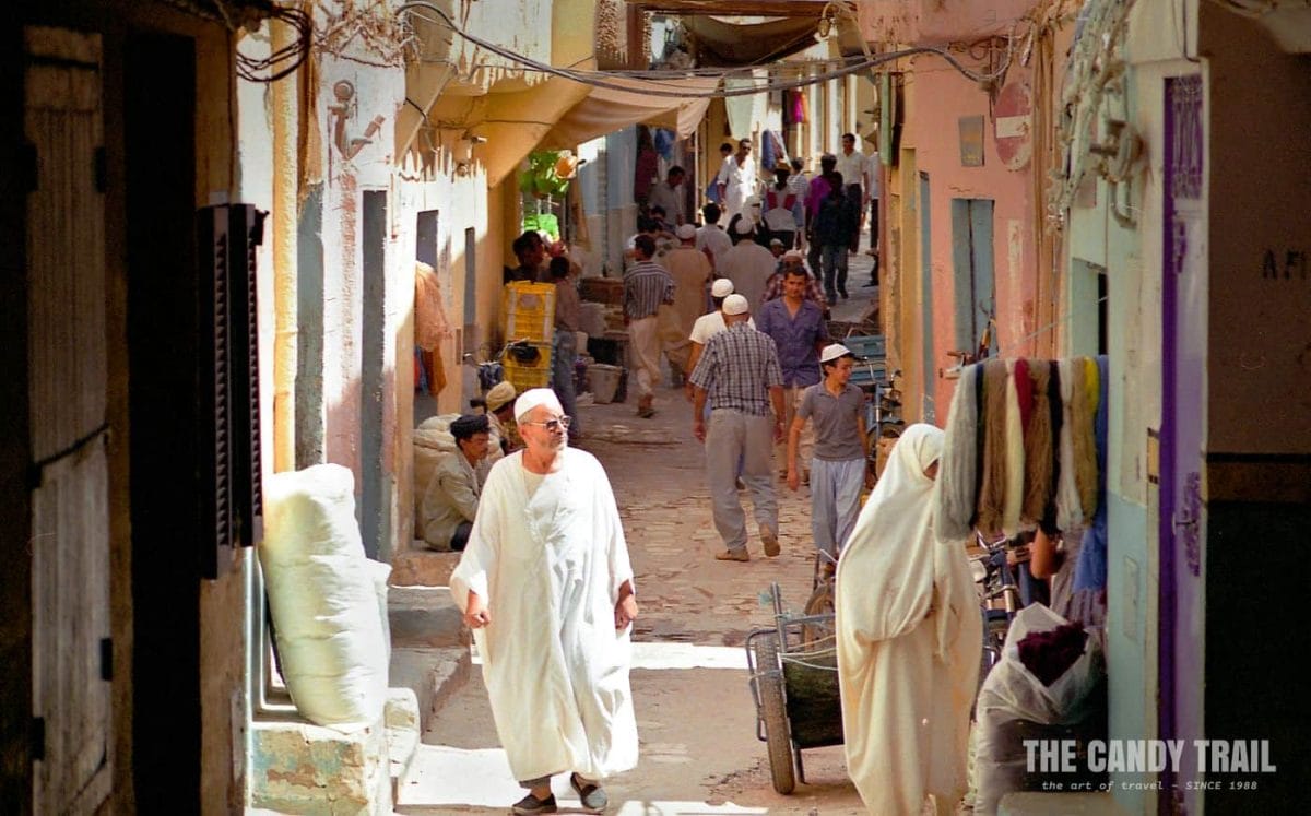 Bustling backstreet shopping area in Ghardaia in M'zab Valley's commercial town.
