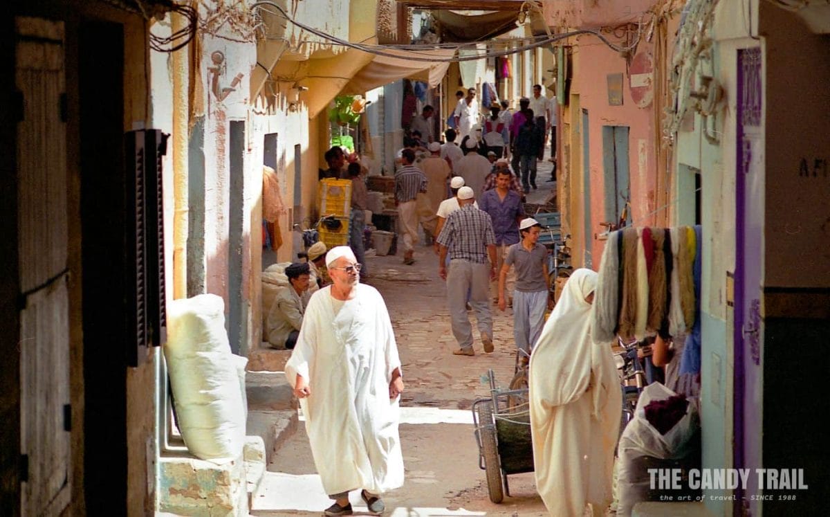 Bustling backstreet shopping area in Ghardaia in M'zab Valley's commercial town.