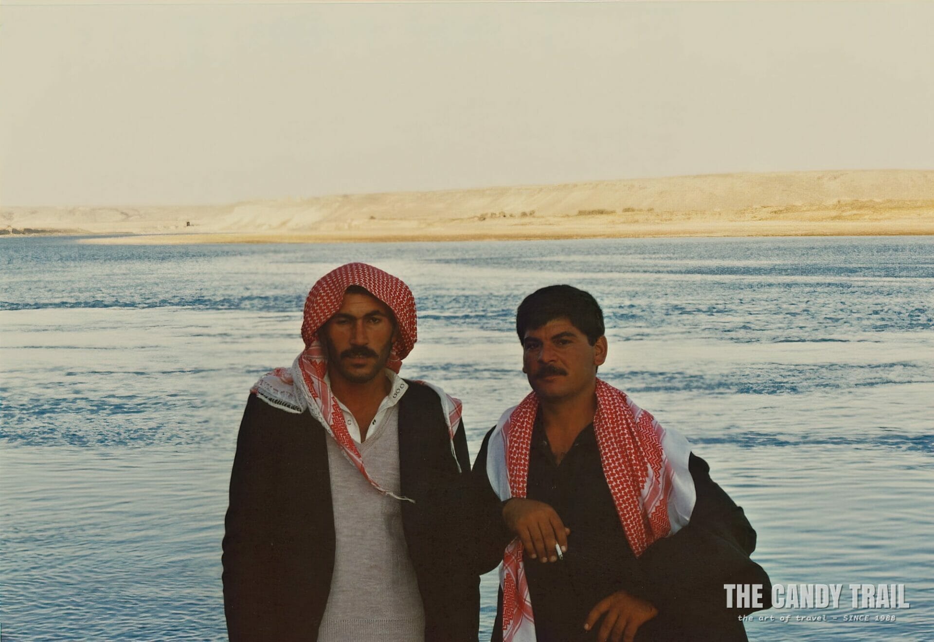 Syrian men along the route to Halibye following the Euphrates River traveling Syria in 1989.