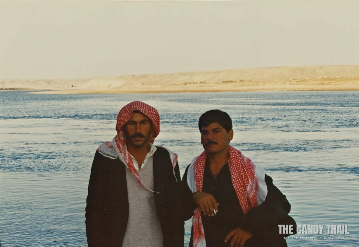 Syrian men along the route to Halibye following the Euphrates River traveling Syria in 1989.