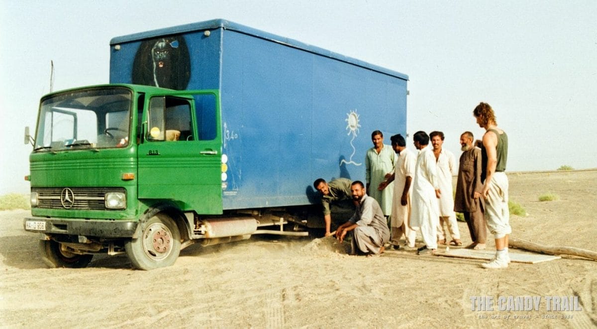 truck stuck in sand baluchistan pakistan 1990