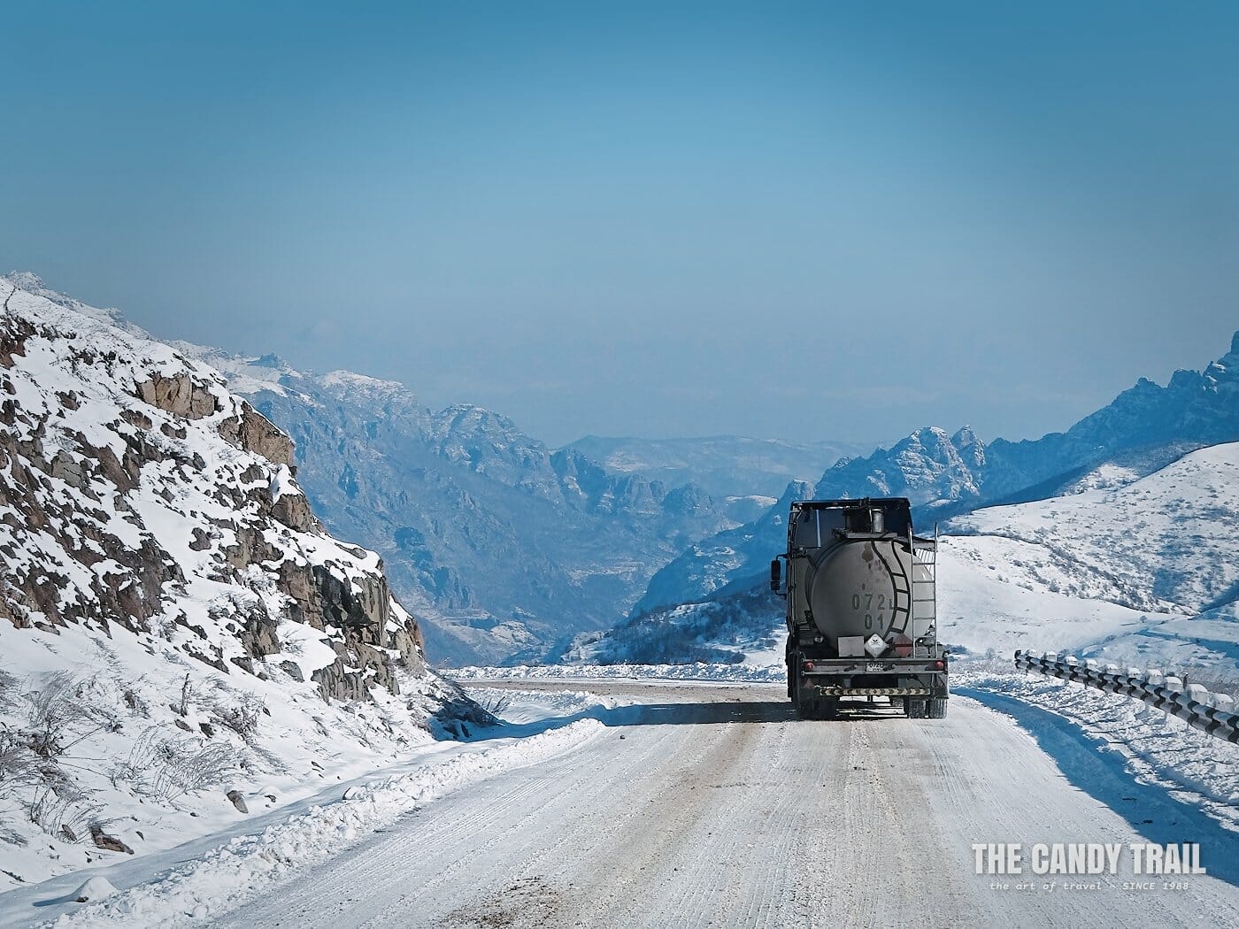 petrol tanker on snowy meghri kapan mountain road armenia