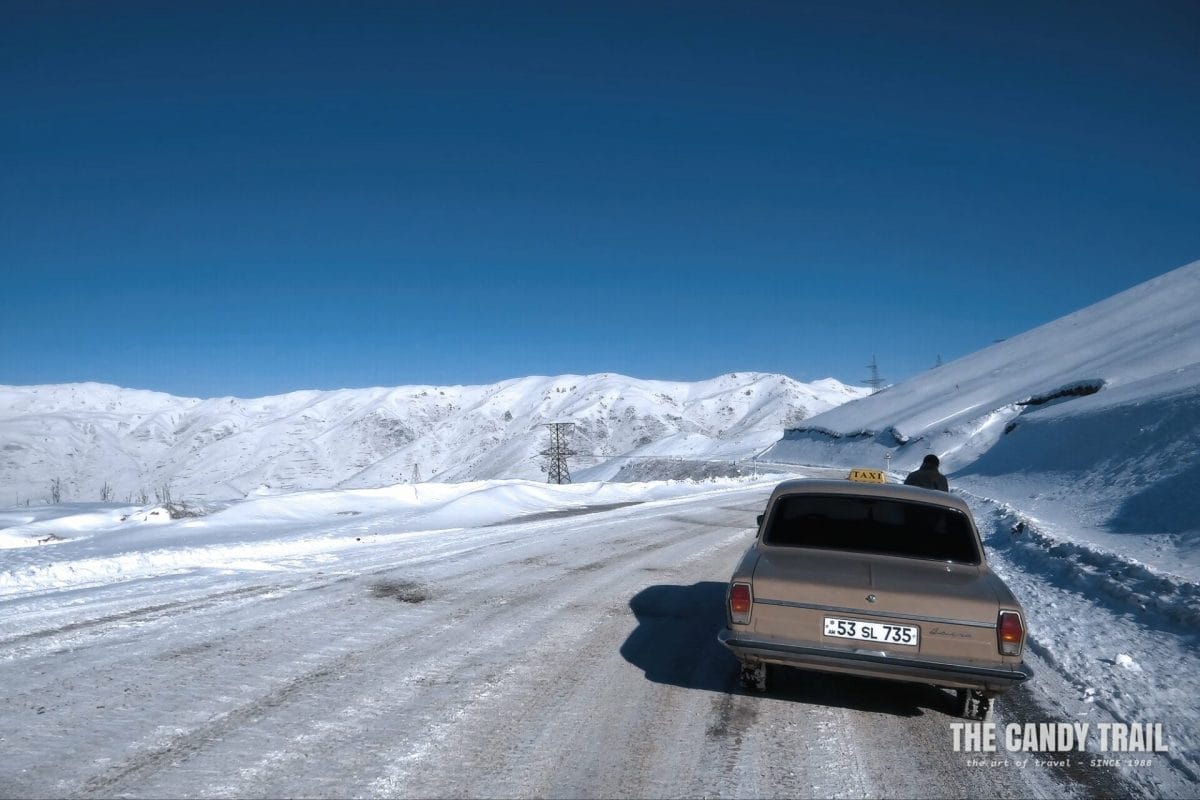 taxi snowy meghri mountain road armenia