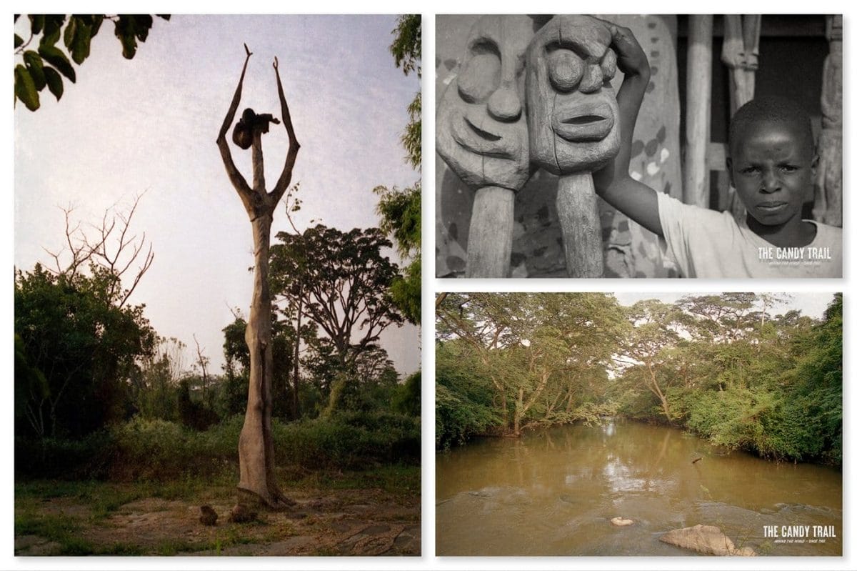 Scenes from the Osun-Osogbo sacred grove: Sculptures and the Osun River.